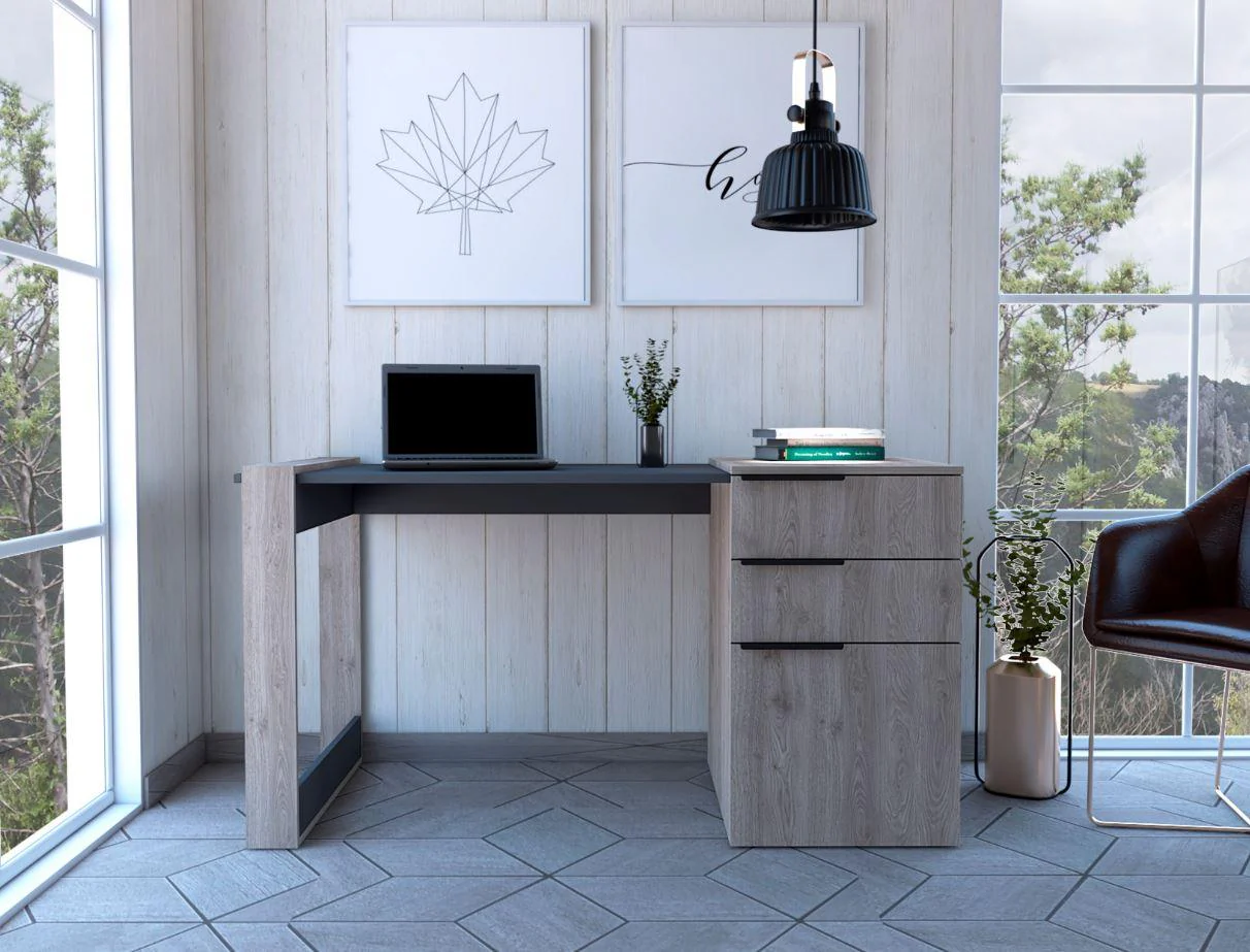 Escritorio Cosmo, Humo y Plata Oscuro, con Dos Cajones Multiusos y Un Cajón Archivador Adicional - Image 4