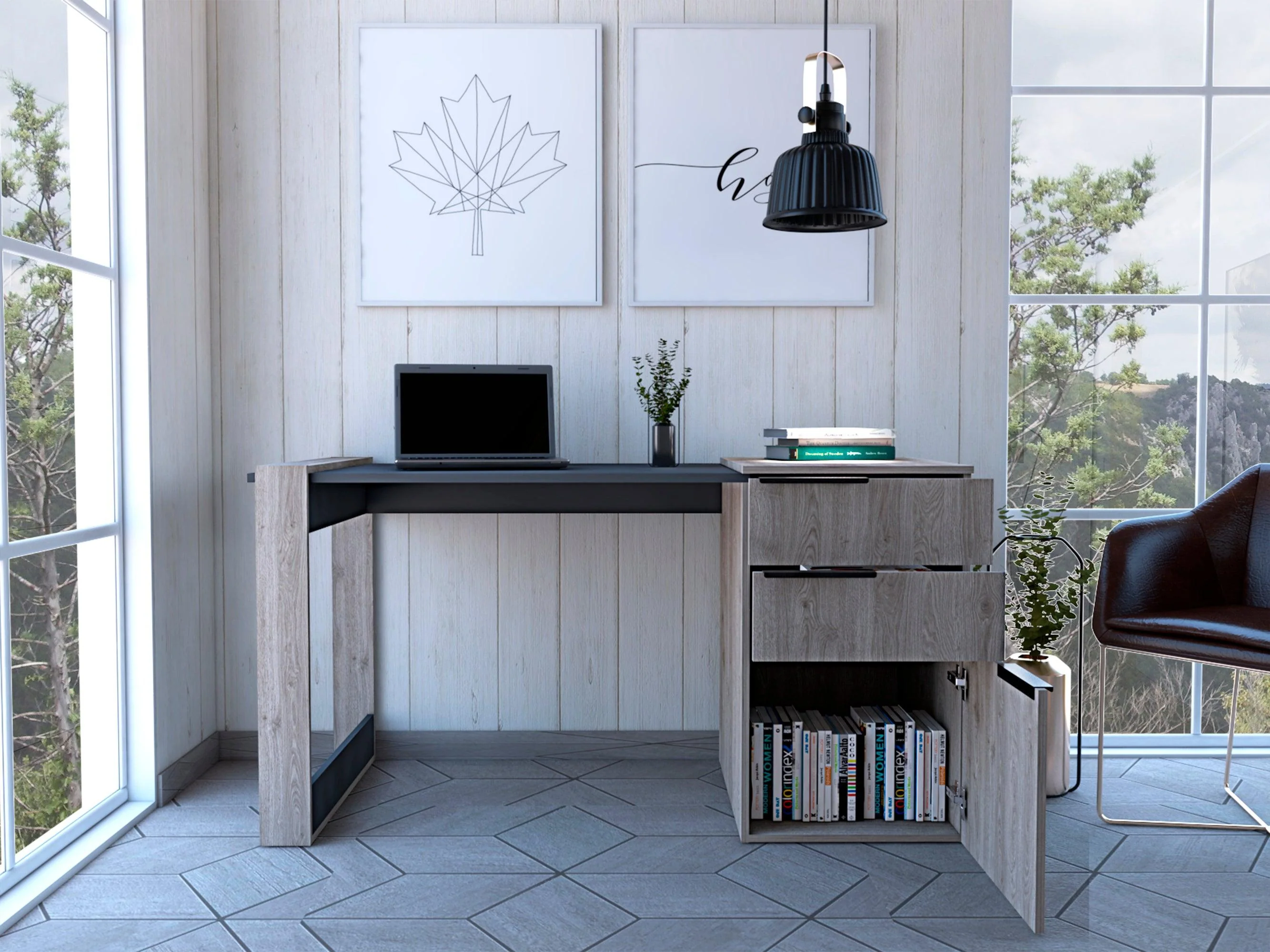 Escritorio Cosmo, Humo y Plata Oscuro, con Dos Cajones Multiusos y Un Cajón Archivador Adicional - Image 5