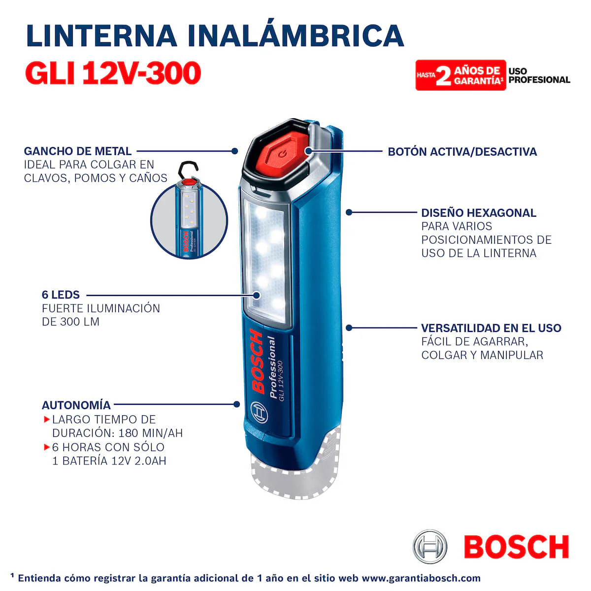 Linterna inalámbrica 12V, 300 Lm GLI 12V-300 Sin Bateria/Sin cargador Bosch - Image 6