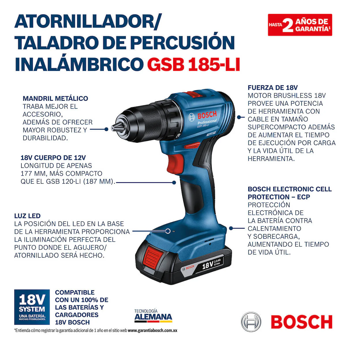 Taladro percutor 1/2" 18V 2 bat Brushless GSB 185-LI Bosch - Image 7