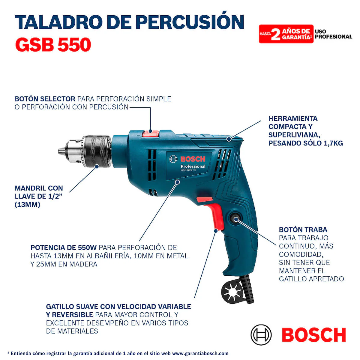 Taladro percutor 1/2" 550W +14 acc GSB 550 Bosch - Image 6