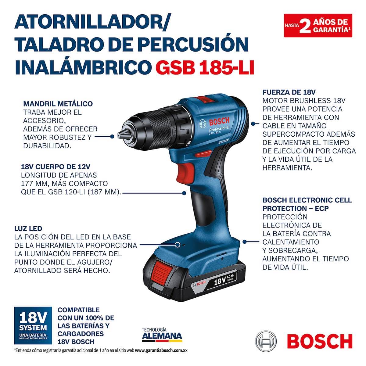 Taladro percutor 1/2" GSB 185-LI Bosch + 1 batería y cargador GAL 18V-20 - Image 7